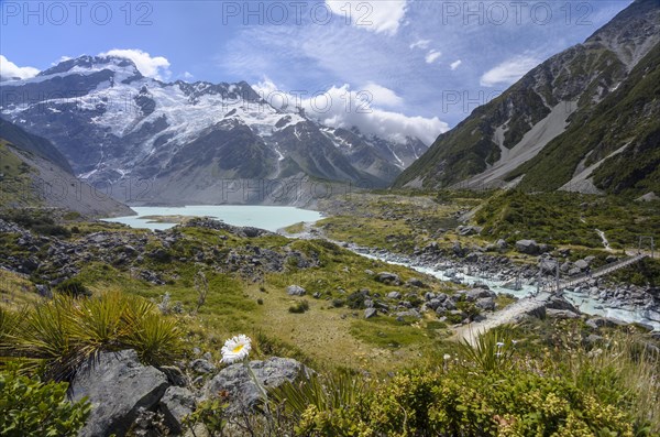 Mueller Lake and Hooker River Bridge with Mount Sefton