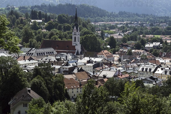 View from the Calvary to the historic centre of Bad Tolz with the Church of the Assumption