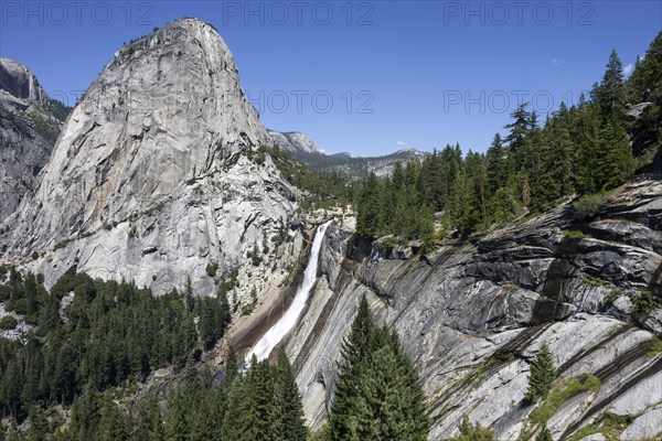 View from John Muir Trail to Nevada Fall and Liberty Cap