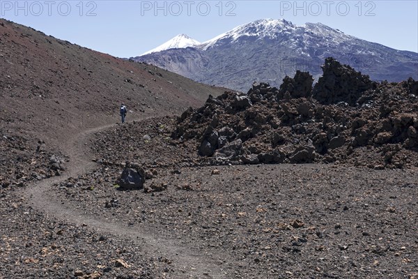 Hiker in volcanic landscape