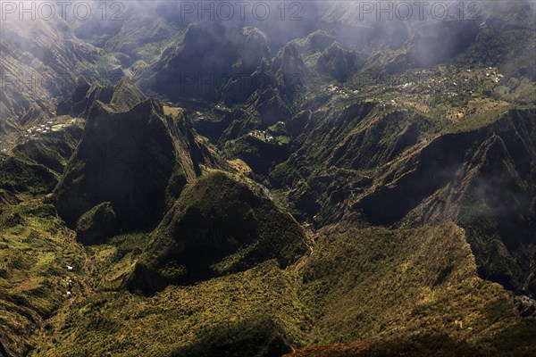 View from Le Maido lookout in the Cirque de Mafate with the Ilet des Orangers and Grand Place villages