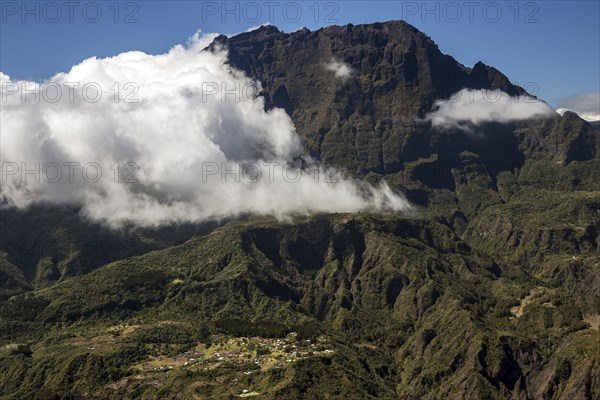 View from the Le Maido lookout in the Cirque de Mafate with Piton des Neiges vulcano