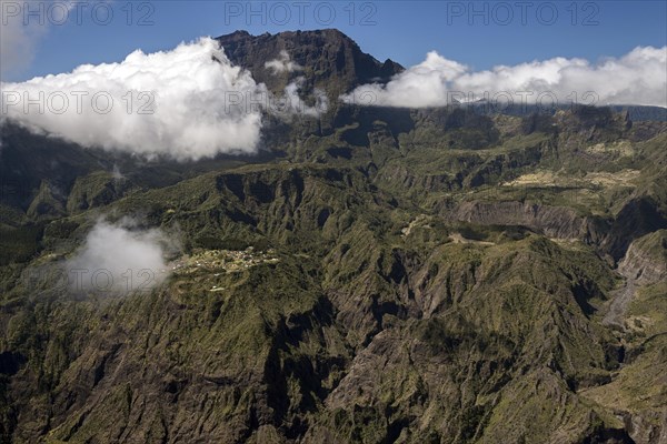 View from the Le Maido lookout in the Cirque de Mafate with Piton des Neiges vulcano