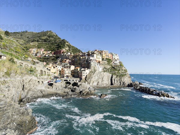 Rocky coast and view to the village of Manarola