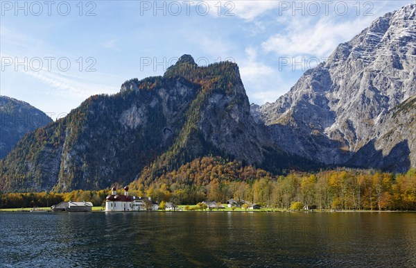 Pilgrimage church St. Bartholoma at Konigssee in front of the Watzmann Massif