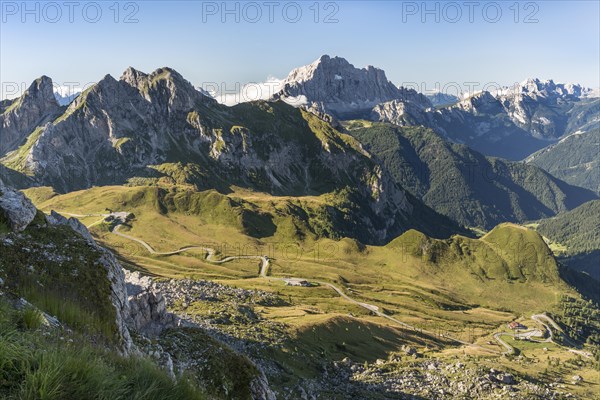 View from the mountain to the Giau Pass with road