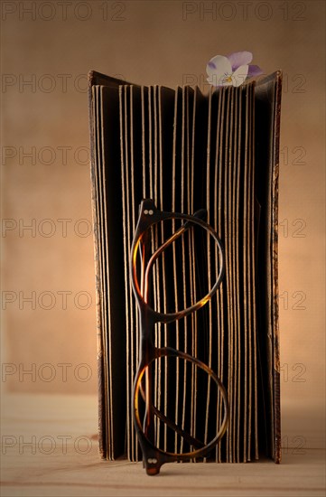 Old book with reading glasses and a horned violet