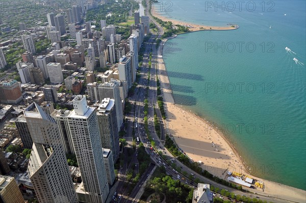 Chicago skyline and turquoise Lake Michigan