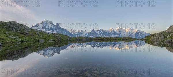 Mont Blanc reflected in Lake Cheserys in the morning