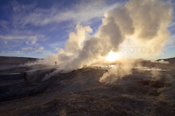 Geysers of the thermal field Sol de Manana during sunrise