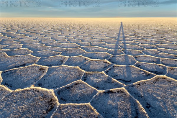 Photographer's shadow on honeycomb structure of Salar de Uyuni