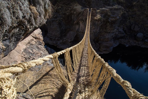 Last intact Inca rope bridge made of braided Peruvian feathergrass (Jarava ichu)