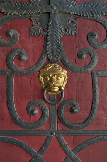 Gilded lion head door knocker