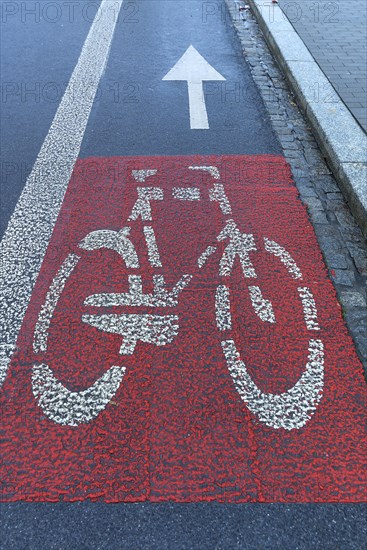Red marked bicycle path on the roadway