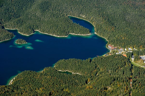 View of Eibsee Lake and Eibsee-Hotel from Zugspitze