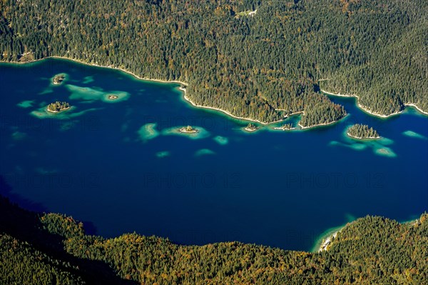 View of Eibsee Lake and Eibsee-Hotel from Zugspitze