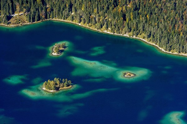 View of Eibsee Lake and Eibsee-Hotel from Zugspitze