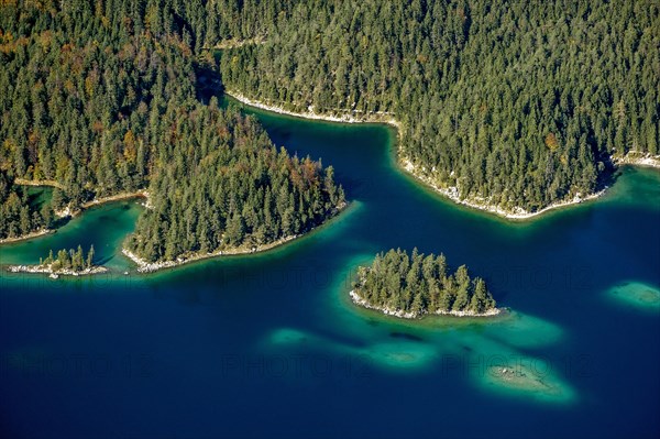 View of Eibsee Lake and Eibsee-Hotel from Zugspitze