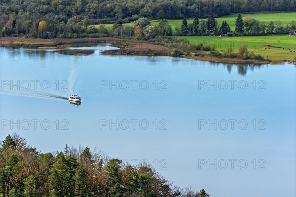 Overlooking Lake Kochel with passenger ship Herzogstand