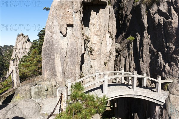 Small arch bridge spanning deep canyon of granite rocks