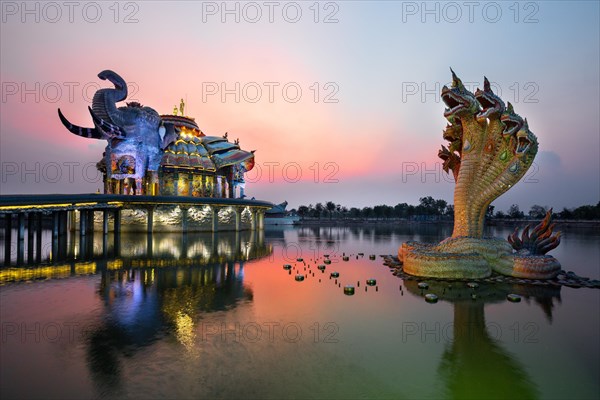 Seven-headed Naga serpent in front of the Elephant Temple Thep Wittayakhom Vihara