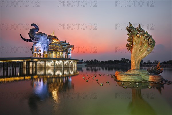 Seven-headed Naga serpent in front of the Elephant Temple Thep Wittayakhom Vihara