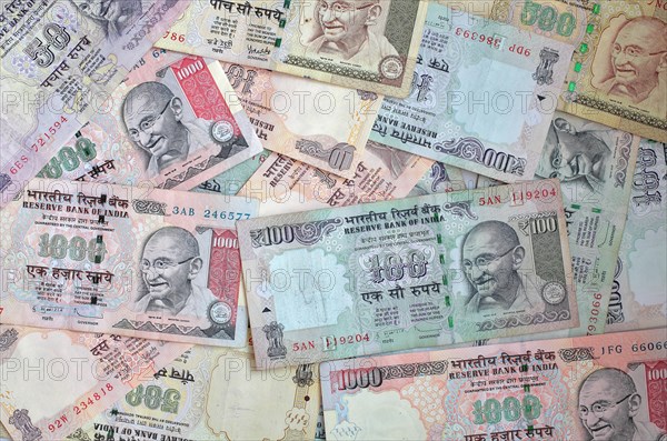 Indian rupee bills with portrait of Gandhi