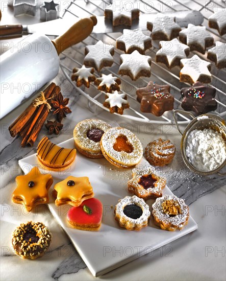 Assorted Christmas cookies on a cake rack