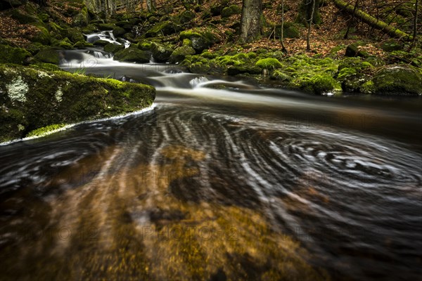 Vortex in mountain stream and mossy stones in mountain forest