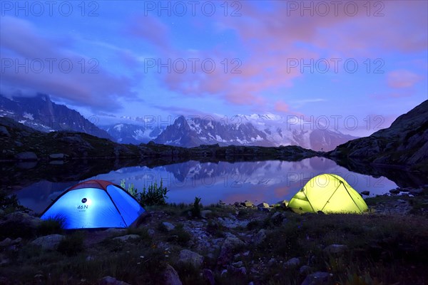 Mont Blanc massif at night reflected in Lac de Chesserys