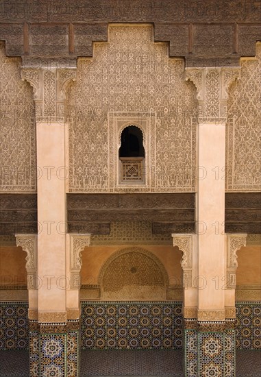 Columned arcades in the central courtyard of the Ben Youssef Medersa