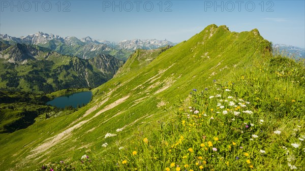 View from the Zeigersattel to Seealpsee lake