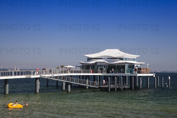 Seeschlosschenbrucke bridge with Japanese teahouse on Timmendorfer beach