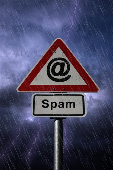 @ symbol and Spam road signs againt a rainy sky with lightning