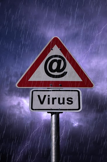 @ symbol and Virus road signs againt a rainy sky with lightning