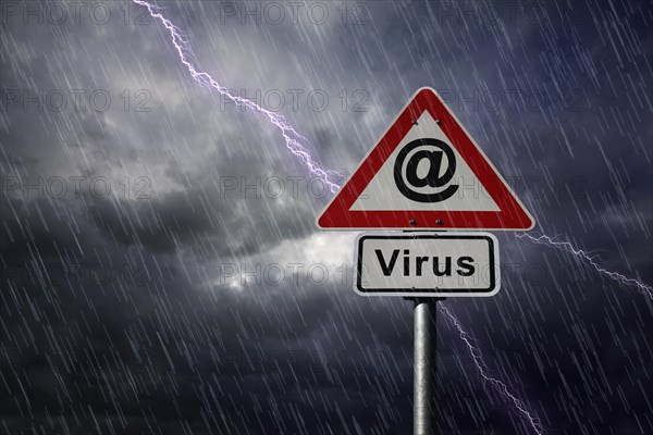 @ symbol and Virus road signs againt a rainy sky with lightning