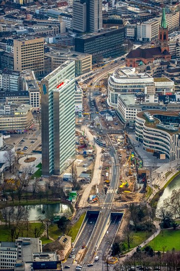 Construction site of the Berliner Allee with Dreischeibenhaus high-rise building