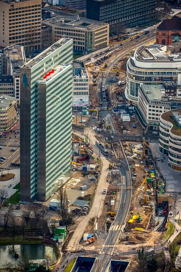 Construction site of the Berliner Allee with Dreischeibenhaus high-rise building