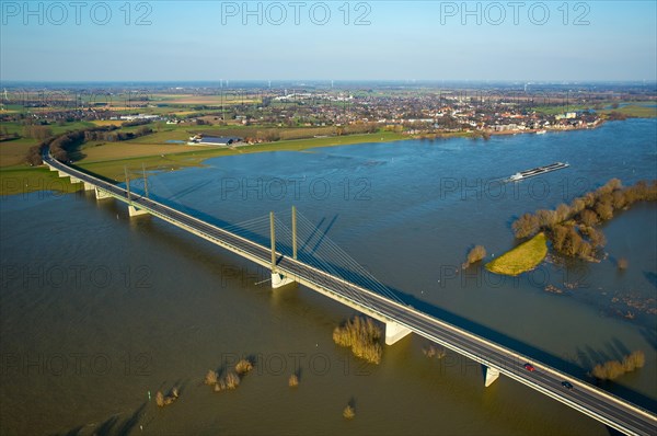 Aerial view of the Rhine bridge of Rees during flooding