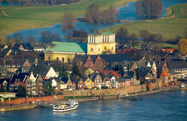 Aerial view of Rees as seen from Kalkar across the Rhine during flooding