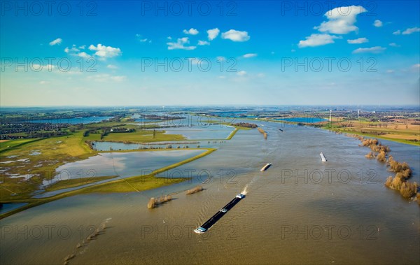 Aerial view of the flooded floodplains in Wesel and Xanten