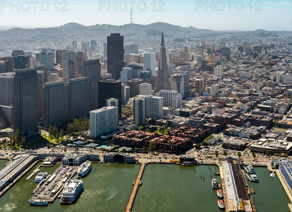 Aerial view of San Francisco Downtown with its piers as seen from the water