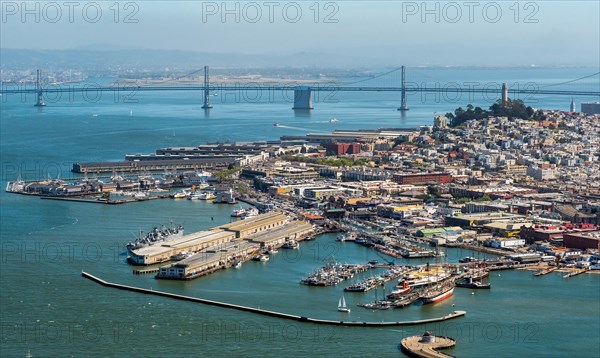 Aerial view of Fisherman's Warf and Coit Tower