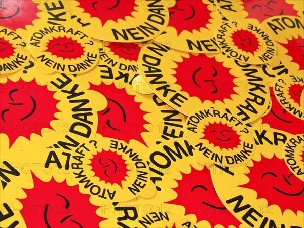 Many stickers "Atomkraft? Nein danke"