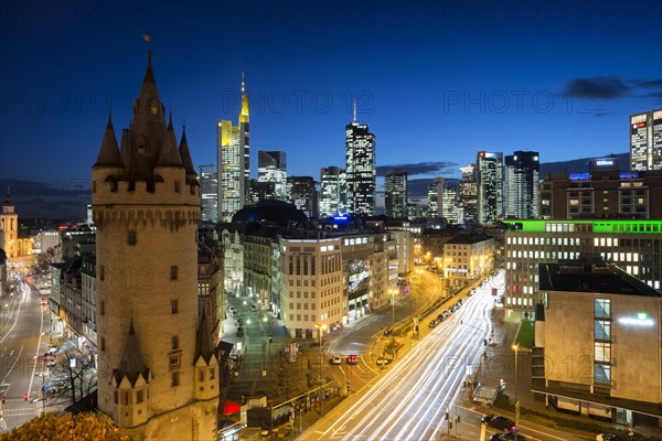 Skyline with Eschenheimer Tower city gate at night