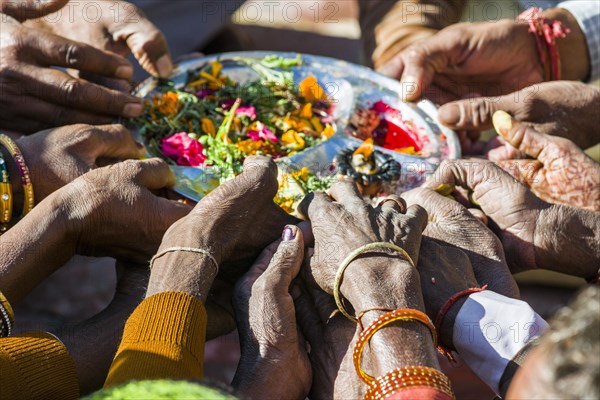 Many hands are holding a plate