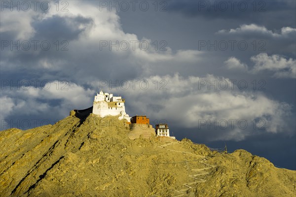 The monastery Namgyal Tsemo Gompa and Tsemo Fort on a mountain ridge