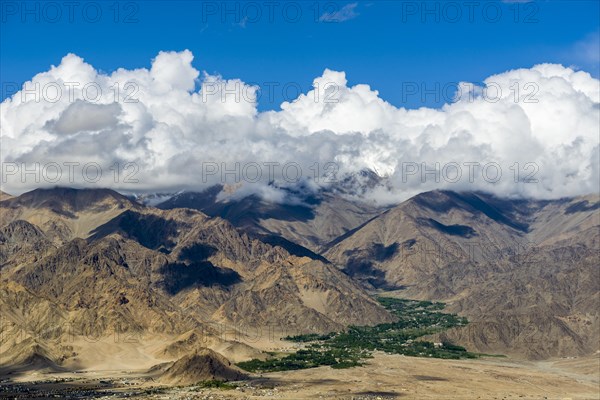 The village Stock in the Indus valley at the foot of the Stock Kangri Mountain Range