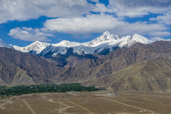 The village Stock in the Indus valley at the foot of the Stock Kangri Mountain Range