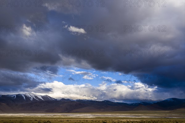 Barren landscape and dark clouds at Tso Kar